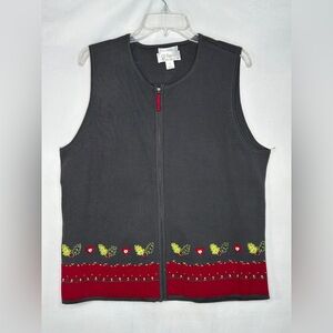 CJ‎ Banks Holiday Sweater Vest Zip Closure Charcoal Embroidered Sz 1X